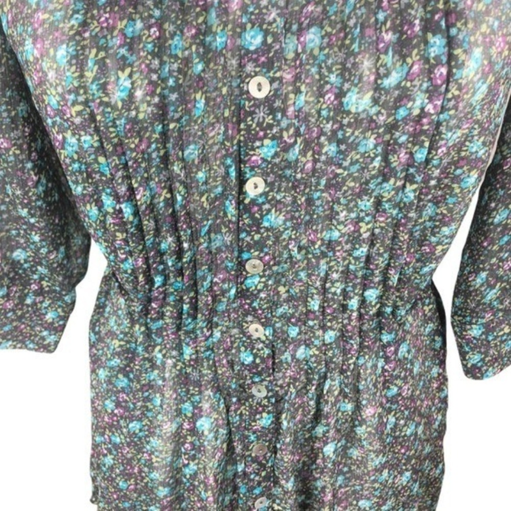 Matter + Sound Womens Floral Pintuck Peplum Blouse Sheer 3/4 Sleeve Blue Small - Picture 3 of 8